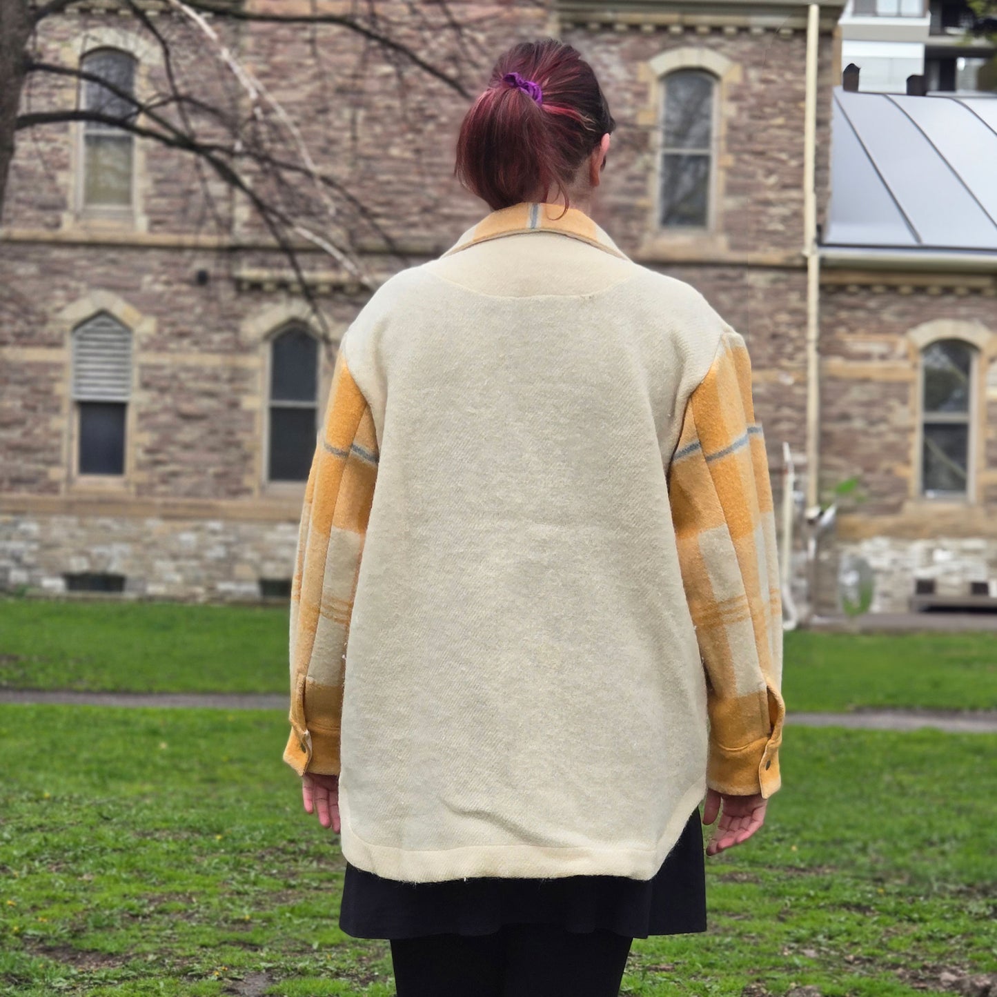 Upcycled Blanket Jacket - large - beige/yellow plaid