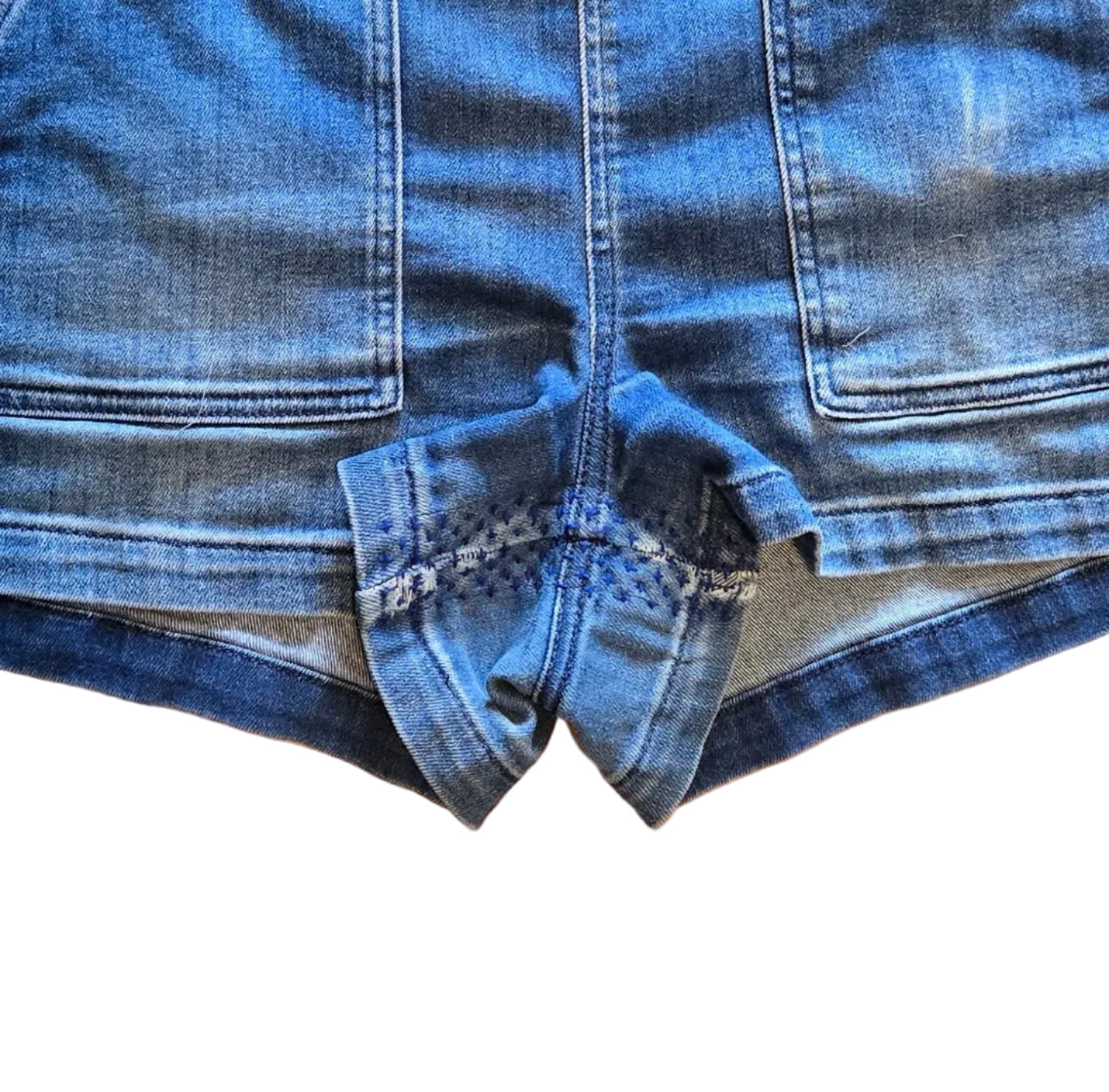 Close-up of blue denim shorts on a white background