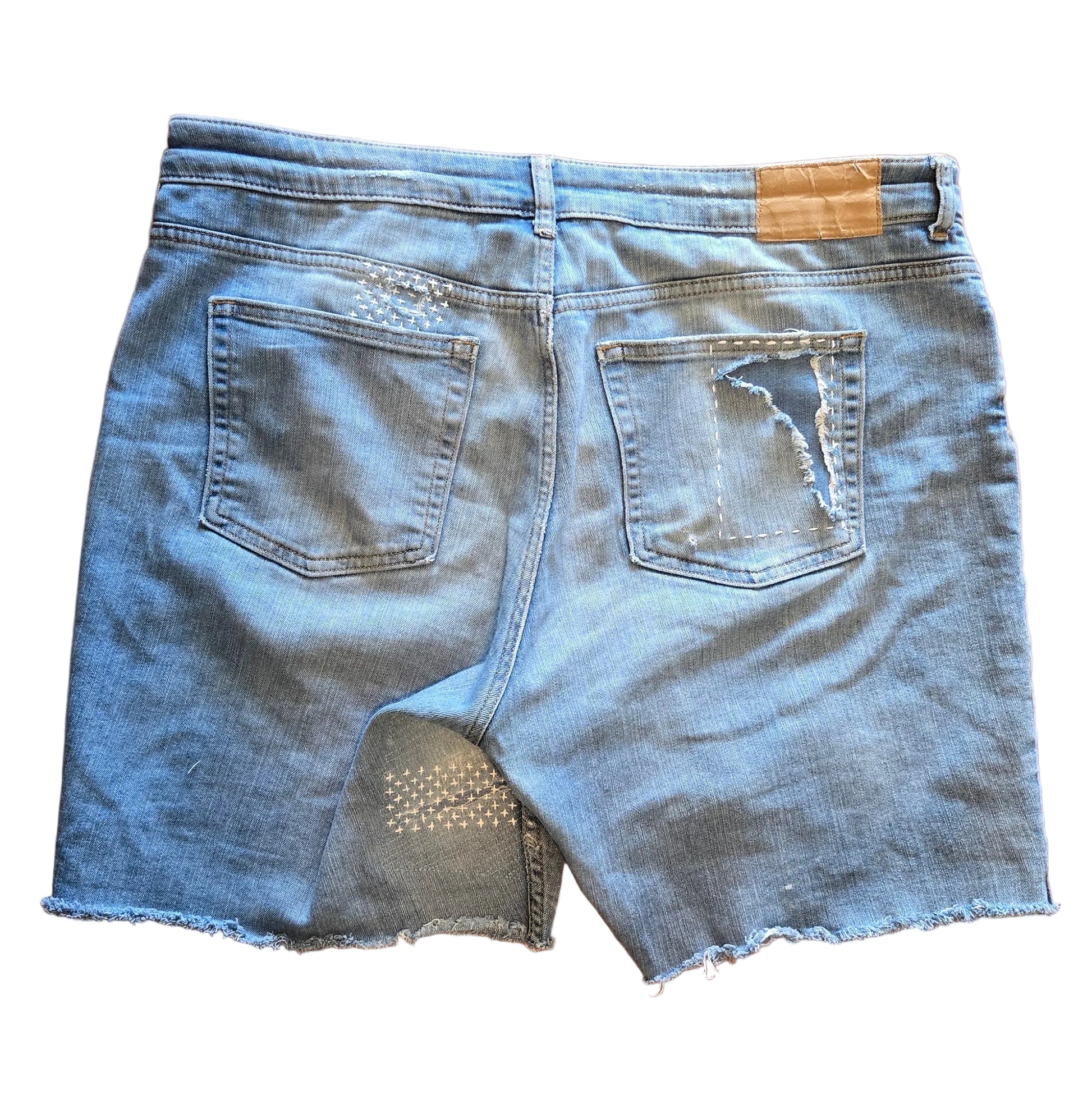Light blue denim shorts with Sashiko mending