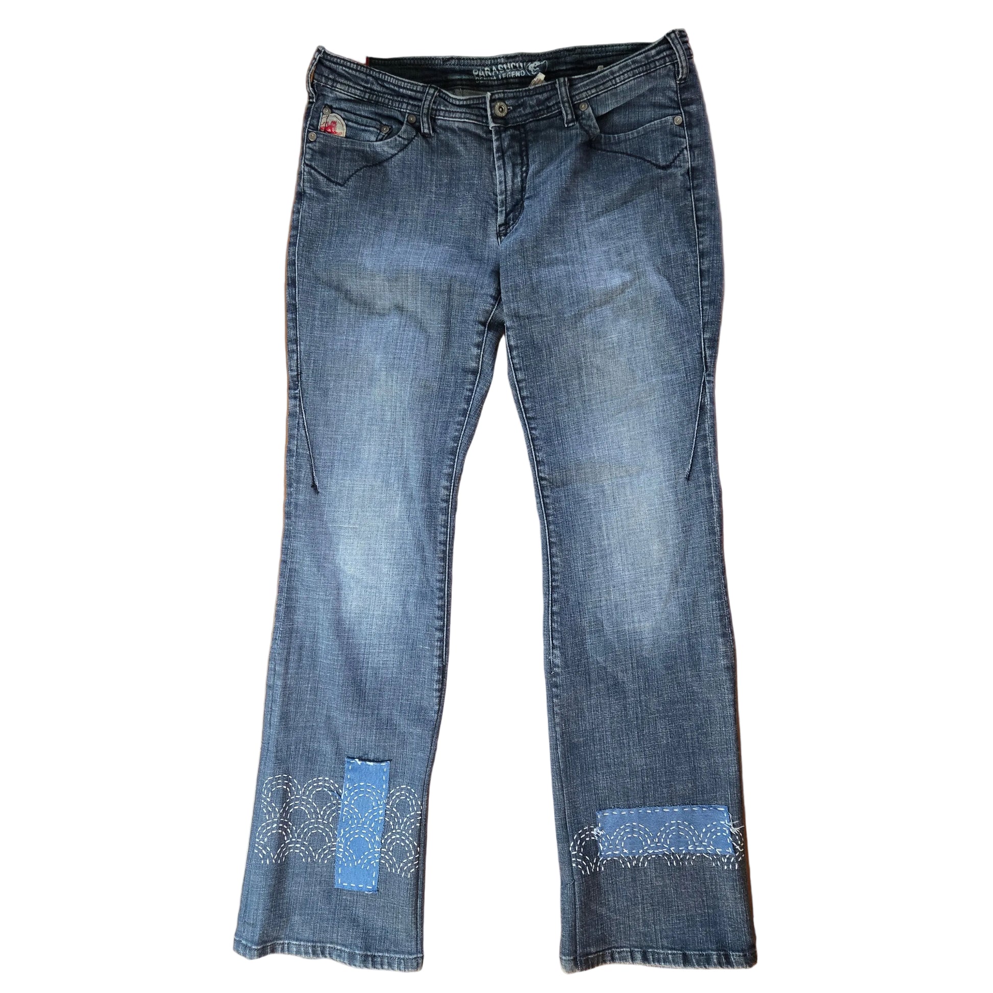 Denim jeans with cloud pattern Sashiko stitching on the pant legs